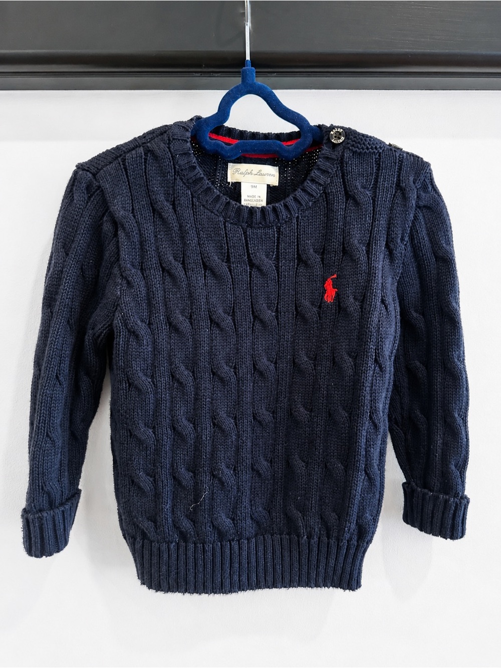 Ralph Lauren Kids Navy Cable-Knit Cotton Sweater with Red Pony